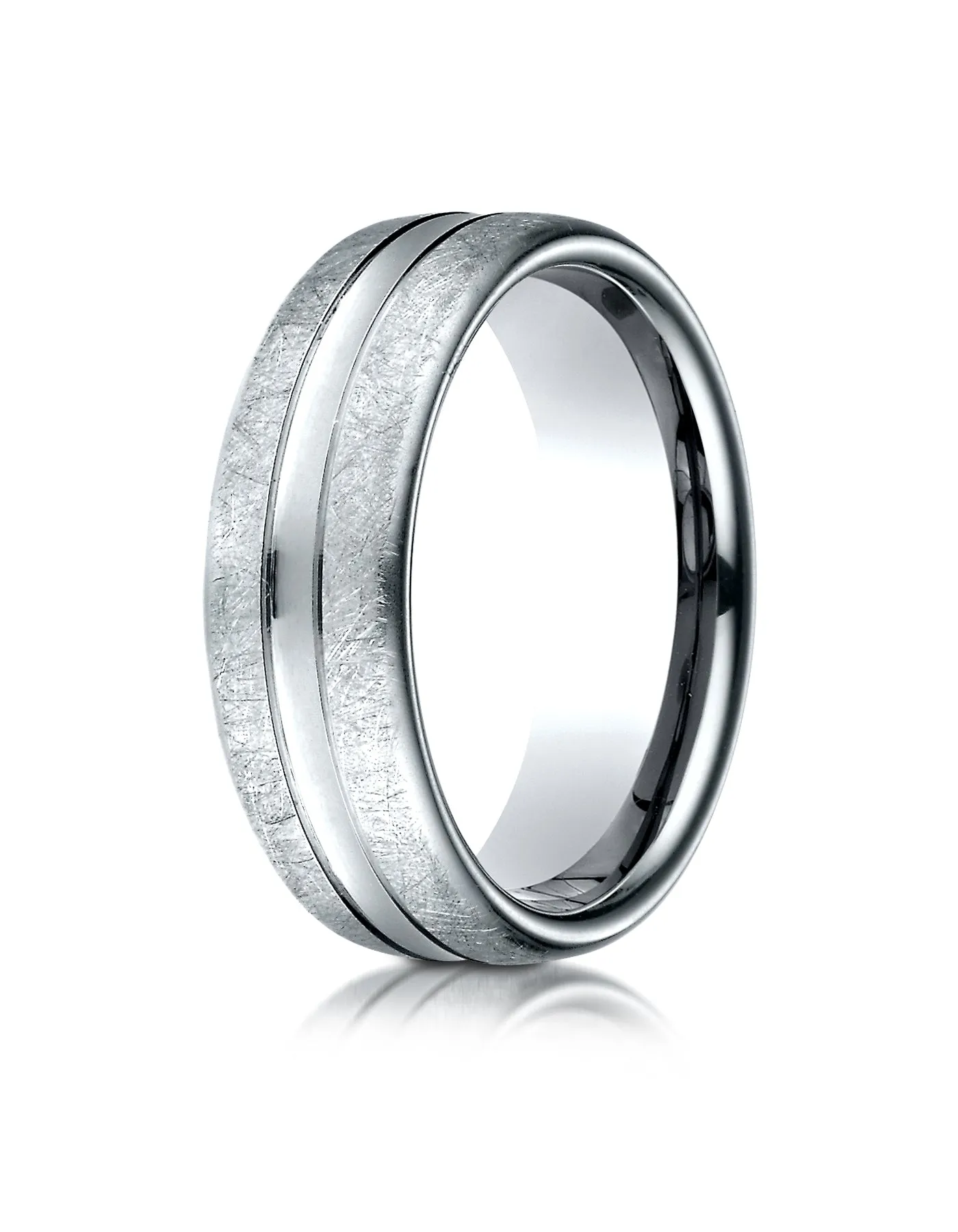 Benchmark 14K White Gold 7.5mm Comfort-Fit Swirled Finish Center Convex Cut Design Wedding Band Ring