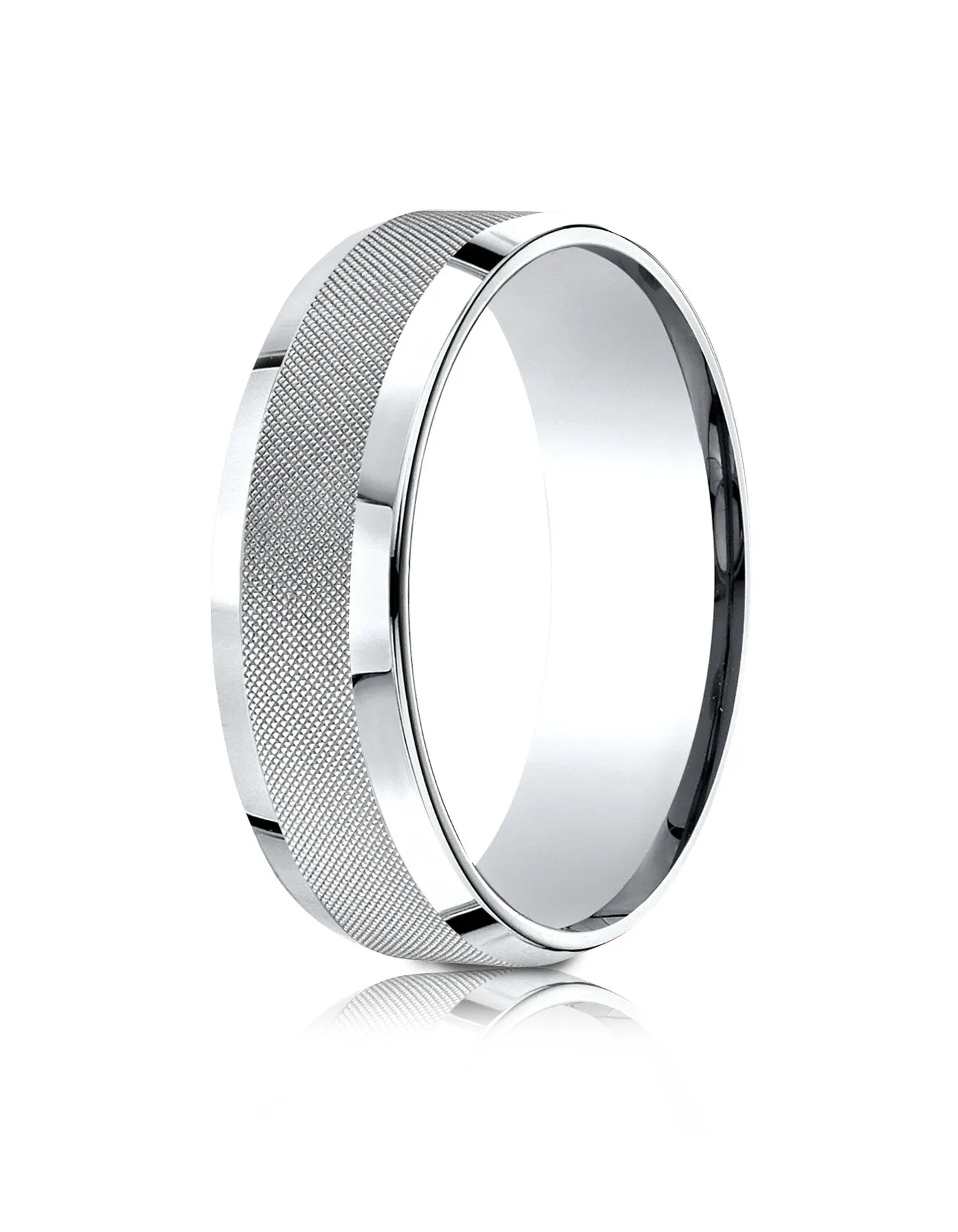 Benchmark 14k White Gold 7mm Comfort-Fit High Polish Round Edge Cross Hatch Center Design Band,(Size 4-15)