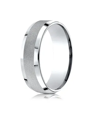Benchmark 14k White Gold 7mm Comfort-Fit High Polish Round Edge Cross Hatch Center Design Band,(Size 4-15)