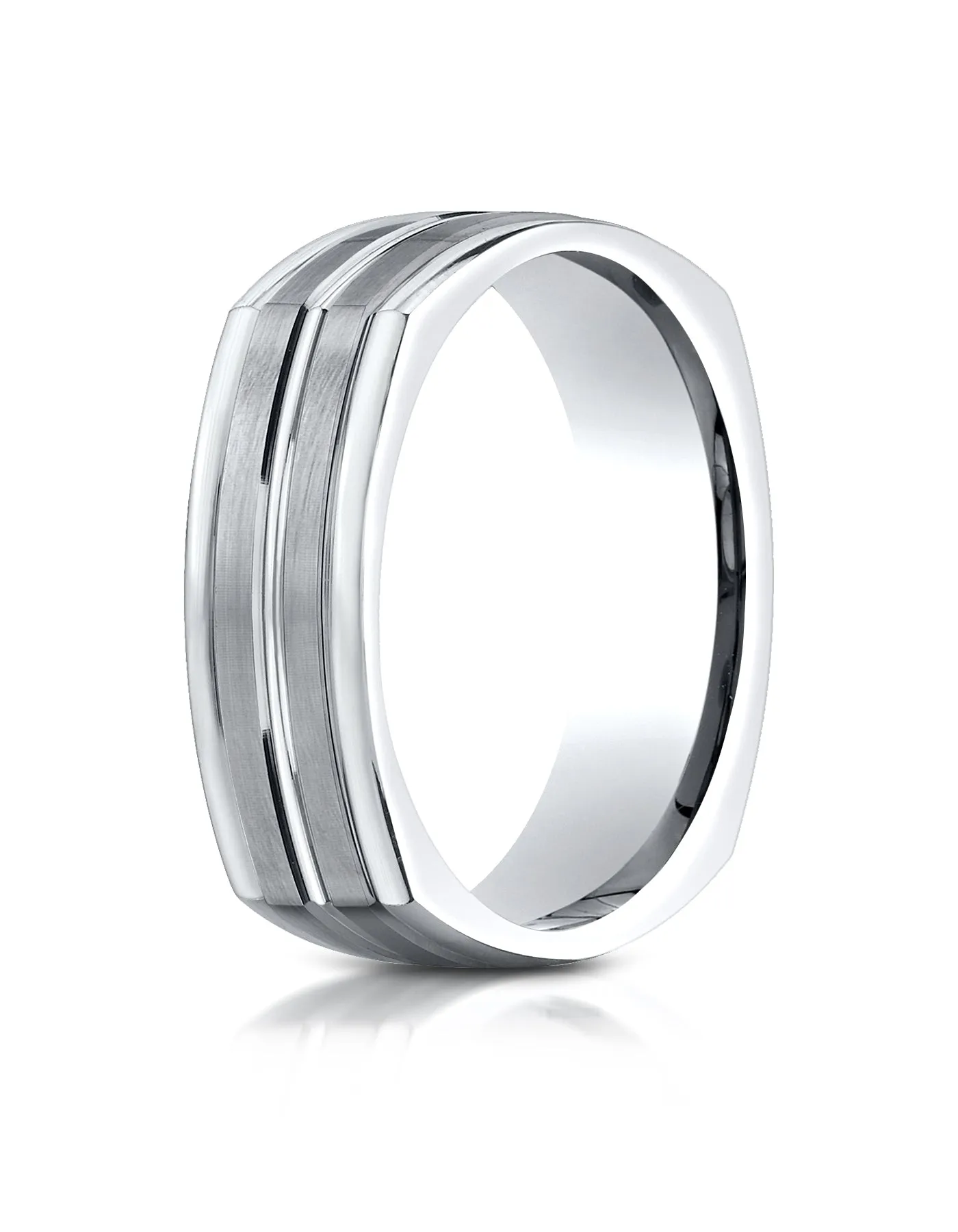 Benchmark 14K White Gold 7mm Comfort-Fit Satin-Finished Center Cut Four-Sided Carved Design Wedding Band