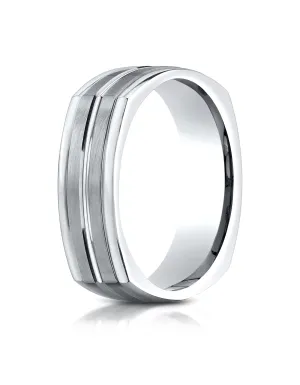 Benchmark 14K White Gold 7mm Comfort-Fit Satin-Finished Center Cut Four-Sided Carved Design Wedding Band