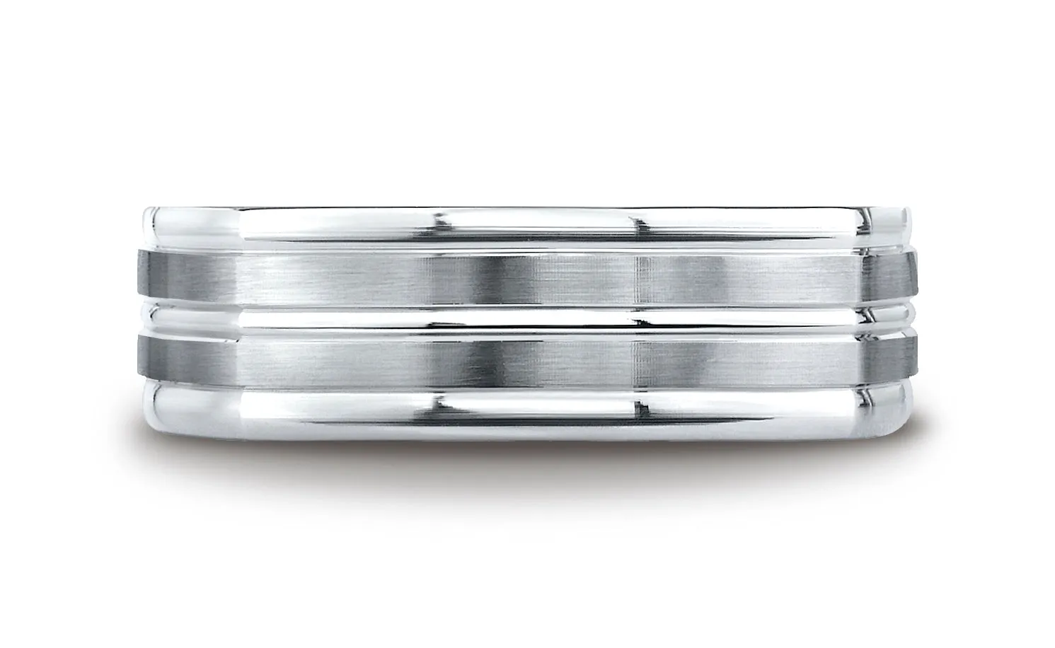 Benchmark 14K White Gold 7mm Comfort-Fit Satin-Finished Center Cut Four-Sided Carved Design Wedding Band