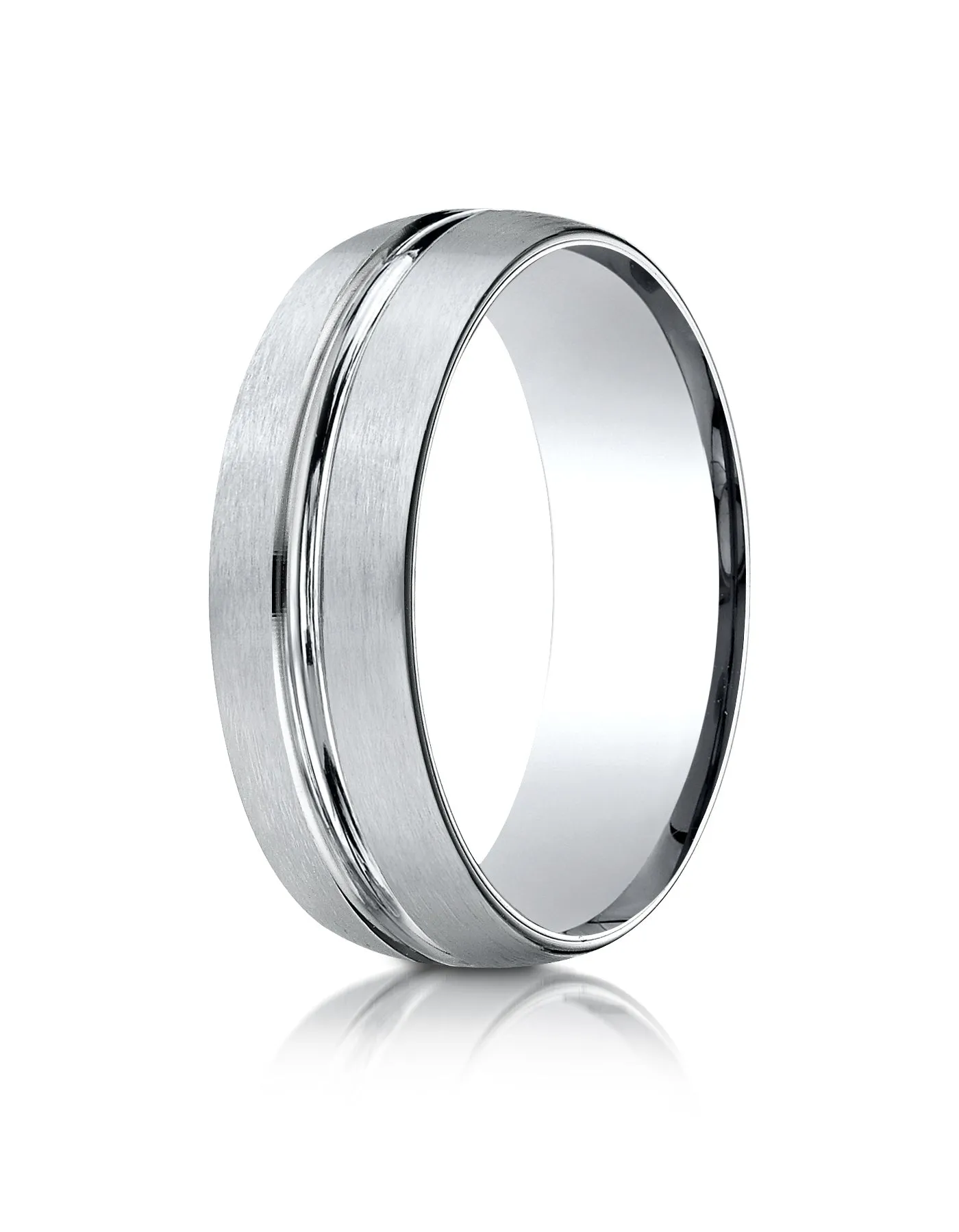 Benchmark 14k White Gold 7mm Comfort-Fit Satin-Finished w/ High Polish Center Cut Carved Design Band