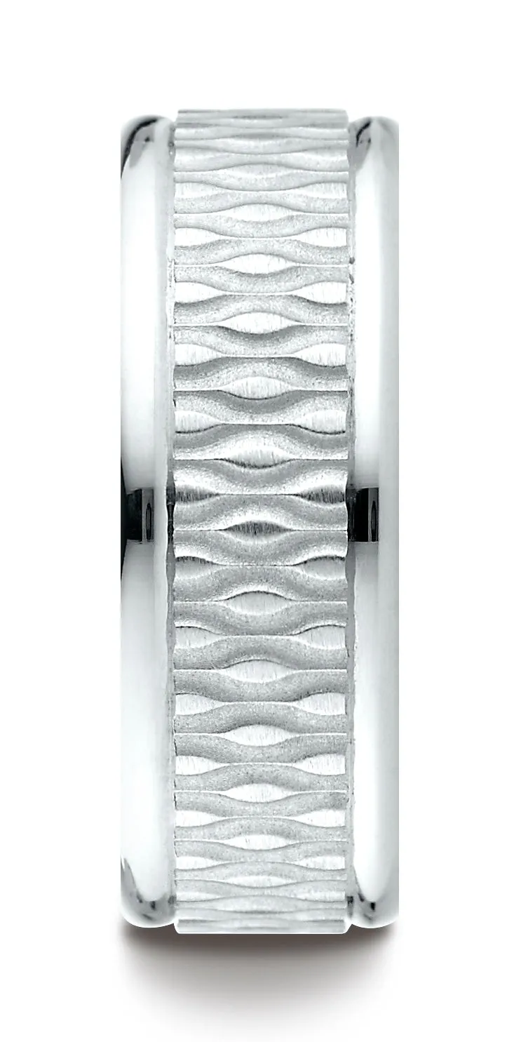 Benchmark 14K White Gold 8mm Comfort-Fit Round Edge Patterned Design Wedding Band Ring (Sizes 4 - 15 )