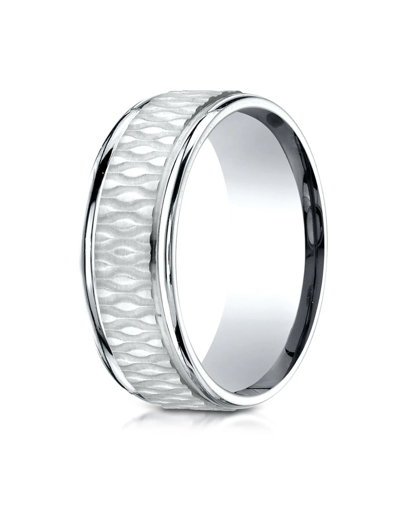 Benchmark 14K White Gold 8mm Comfort-Fit Round Edge Patterned Design Wedding Band Ring (Sizes 4 - 15 )