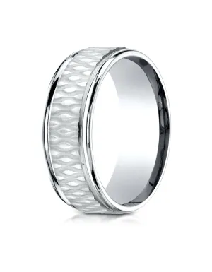 Benchmark 14K White Gold 8mm Comfort-Fit Round Edge Patterned Design Wedding Band Ring (Sizes 4 - 15 )