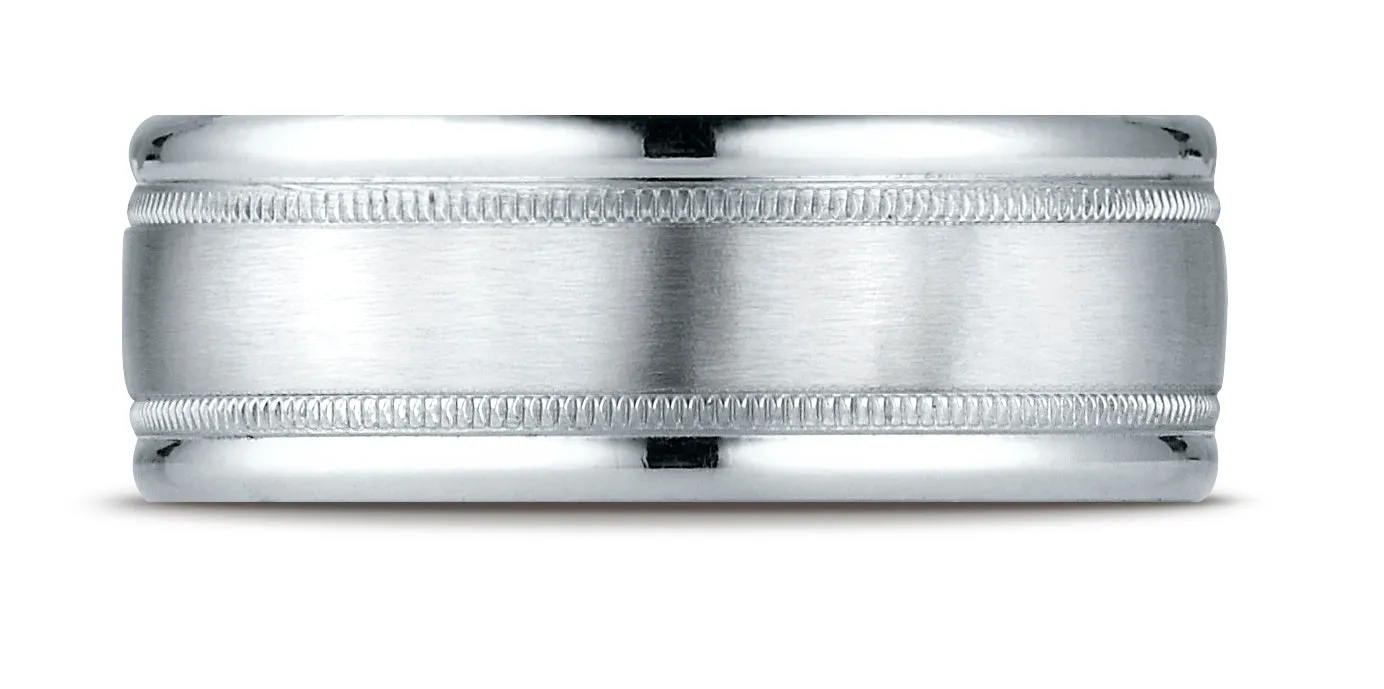 Benchmark 14K White Gold 8mm Comfort-Fit Satin Finish Center with Milgrain Round Edge Carved Design Ring
