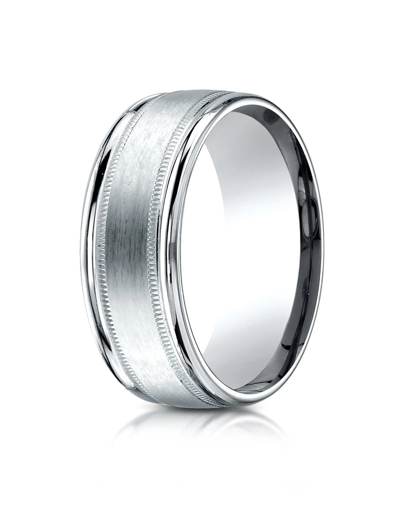 Benchmark 14K White Gold 8mm Comfort-Fit Satin Finish Center with Milgrain Round Edge Carved Design Ring