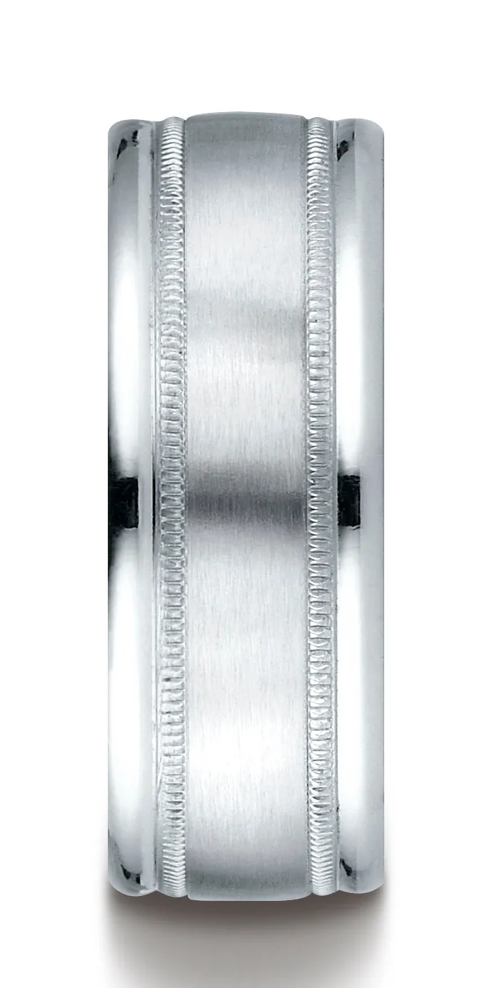 Benchmark 14K White Gold 8mm Comfort-Fit Satin Finish Center with Milgrain Round Edge Carved Design Ring