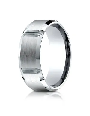Benchmark 14K White Gold 8mm Comfort-Fit Satin-Finished Grooves Carved Design Wedding Band Ring