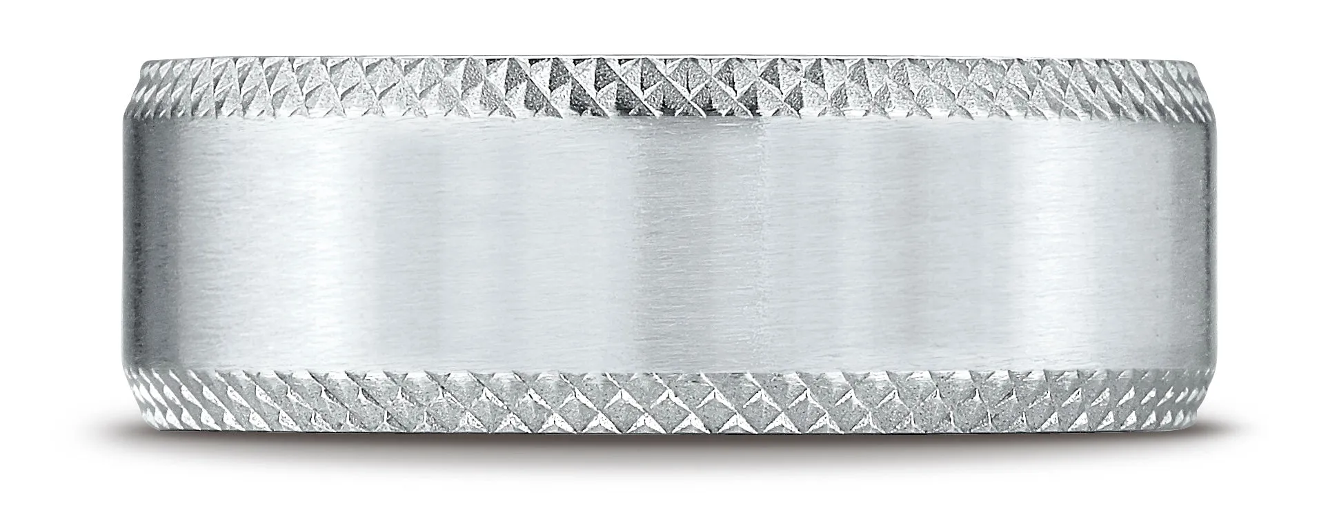 Benchmark 14K White Gold 8mm Comfort-Fit with Cross Hatched Beveled Edge Carved Design Wedding Band Ring