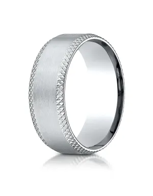 Benchmark 14K White Gold 8mm Comfort-Fit with Cross Hatched Beveled Edge Carved Design Wedding Band Ring