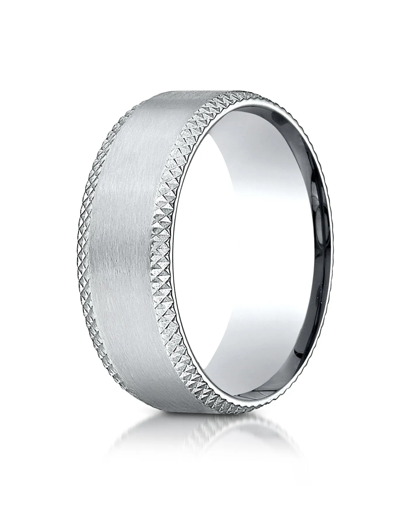 Benchmark 14K White Gold 8mm Comfort-Fit with Cross Hatched Beveled Edge Carved Design Wedding Band Ring