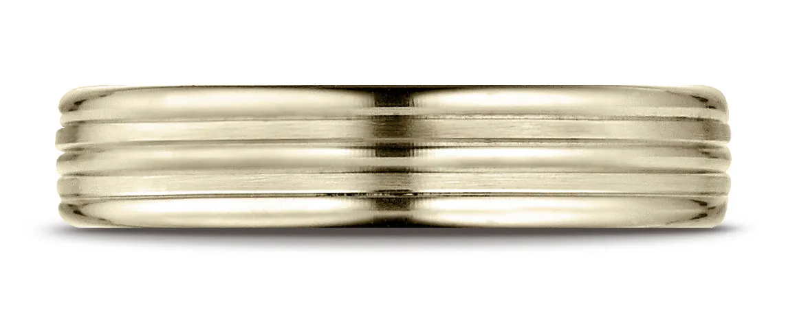 Benchmark 14K Yellow Gold 4mm Comfort-Fit with High Polish Center Trim and Round Edge Carved Design Ring