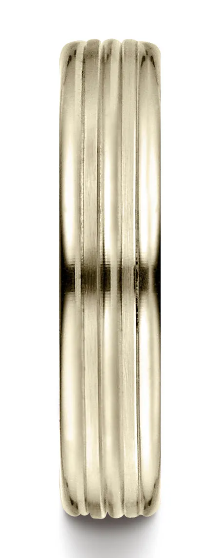 Benchmark 14K Yellow Gold 4mm Comfort-Fit with High Polish Center Trim and Round Edge Carved Design Ring