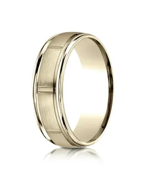Benchmark 14k Yellow Gold 7mm Comfort-Fit Satin-Finish 8 Center Cuts & Round Edge Carved Design Band