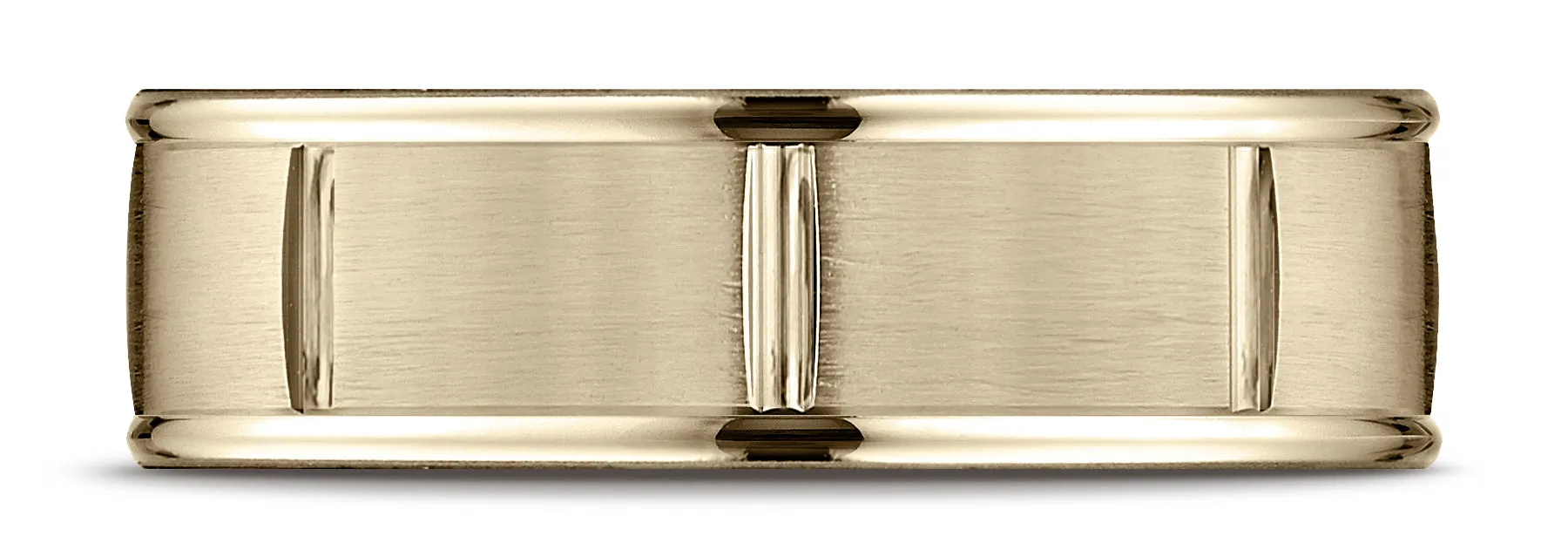 Benchmark 14k Yellow Gold 7mm Comfort-Fit Satin-Finish 8 Center Cuts & Round Edge Carved Design Band