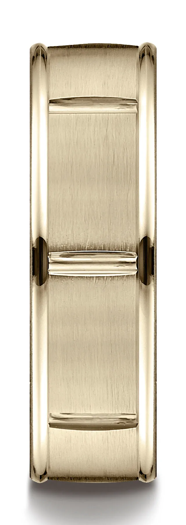 Benchmark 14k Yellow Gold 7mm Comfort-Fit Satin-Finish 8 Center Cuts & Round Edge Carved Design Band