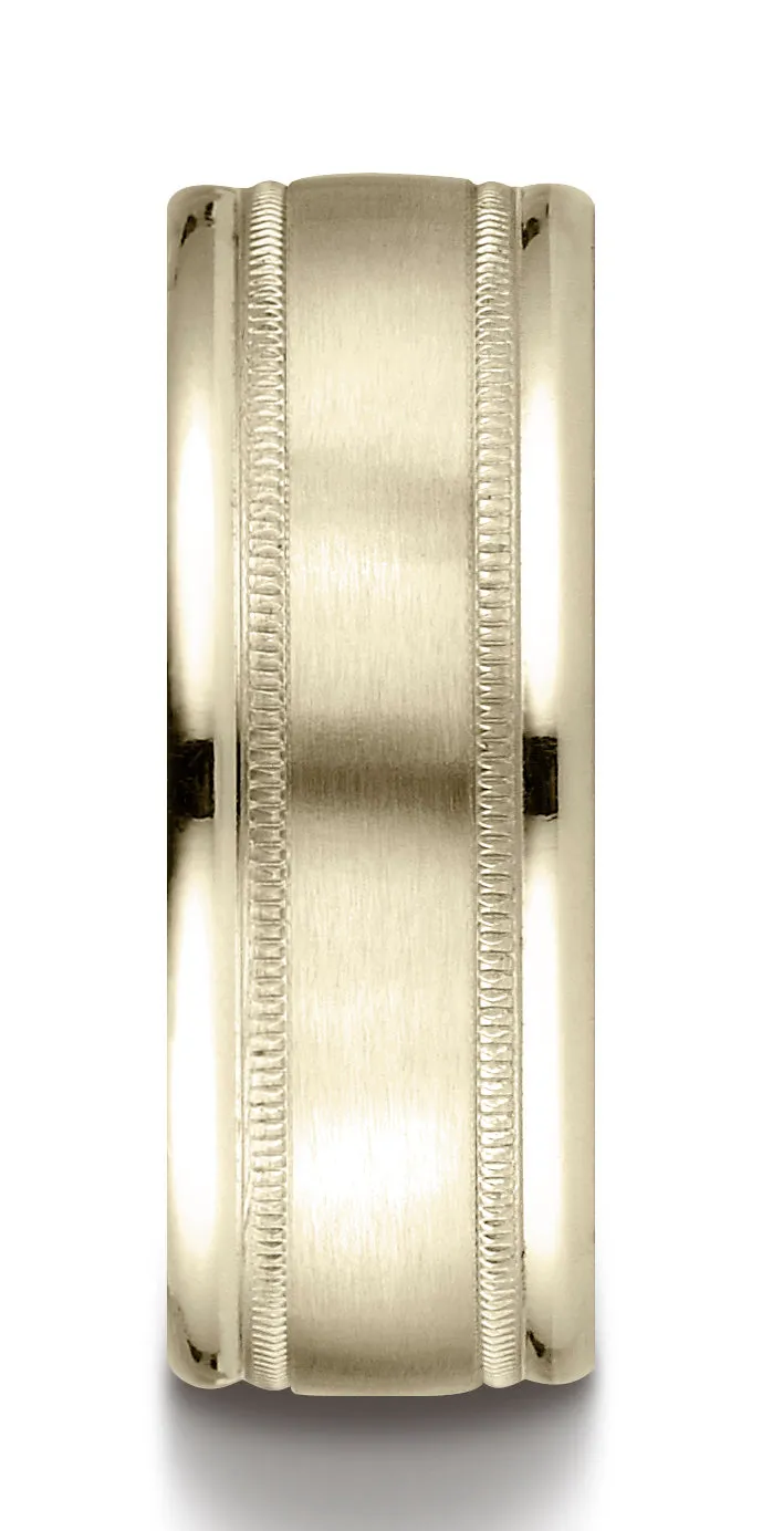 Benchmark 14K Yellow Gold 8mm Comfort-Fit Satin Finish Center w/  Milgrain Round Edge Carved Design Ring