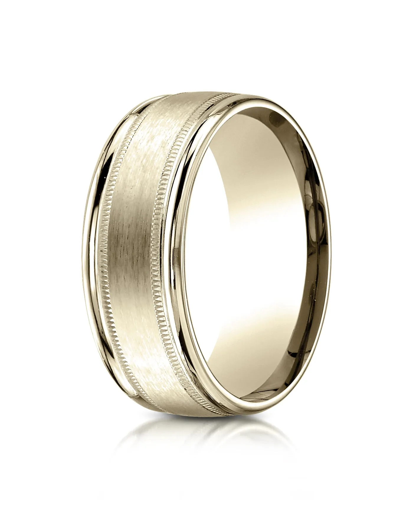 Benchmark 14K Yellow Gold 8mm Comfort-Fit Satin Finish Center w/  Milgrain Round Edge Carved Design Ring