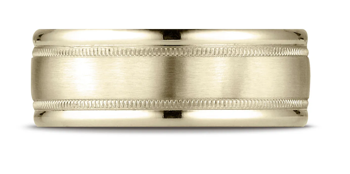 Benchmark 14K Yellow Gold 8mm Comfort-Fit Satin Finish Center w/  Milgrain Round Edge Carved Design Ring