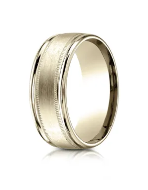 Benchmark 14K Yellow Gold 8mm Comfort-Fit Satin Finish Center w/  Milgrain Round Edge Carved Design Ring