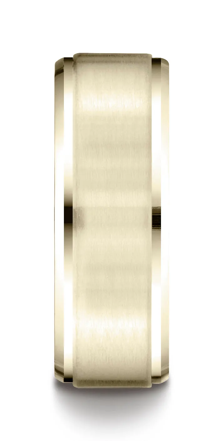 Benchmark 14K Yellow Gold 8mm Comfort-Fit Satin-Finished Drop Beveled Edge Carved Design Wedding Band