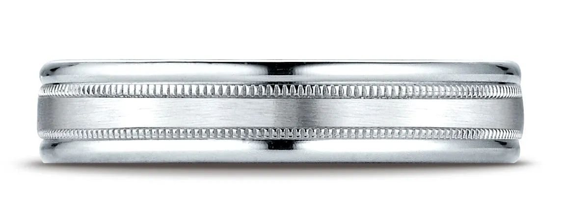 Benchmark 18K White Gold 4mm Comfort-Fit Satin Center w/ a Round Edge and Milgrain Carved Design Ring