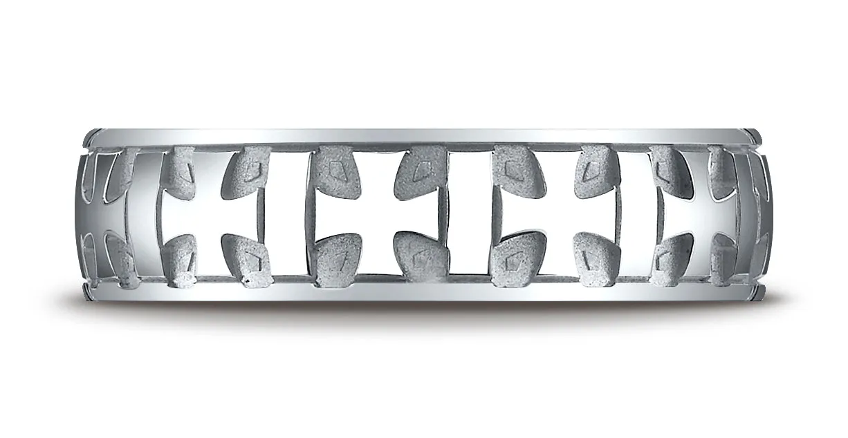 Benchmark 18K White Gold 6mm Comfort-Fit Gaelic Cross Carved Design Wedding Band Ring (Sizes 4 - 15 )