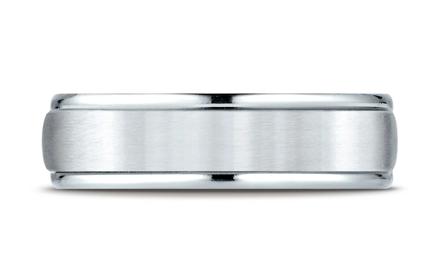 Benchmark 18K White Gold 6mm Comfort-Fit Satin Finish High Polished Round Edge Carved Design Wedding Band