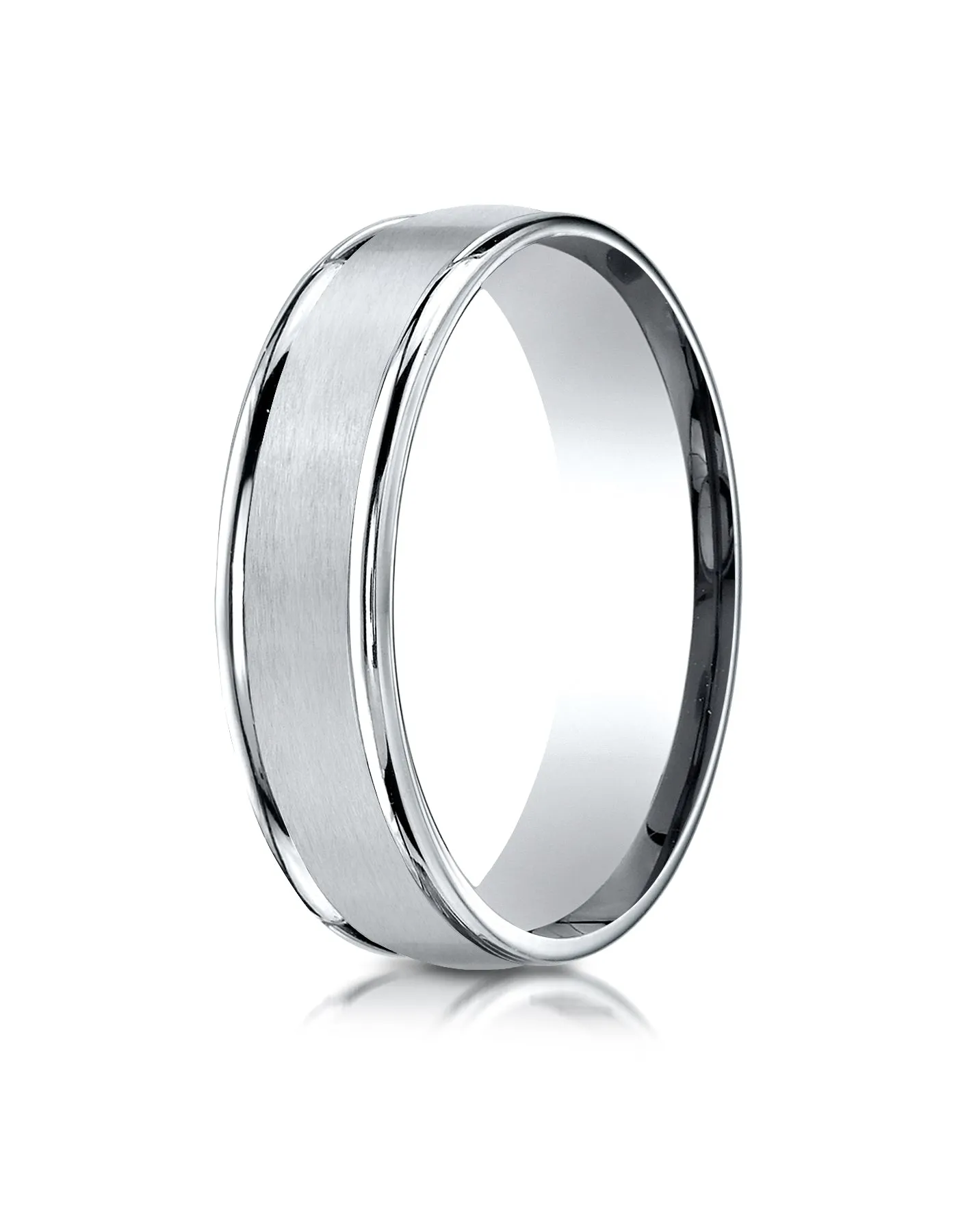 Benchmark 18K White Gold 6mm Comfort-Fit Satin Finish High Polished Round Edge Carved Design Wedding Band