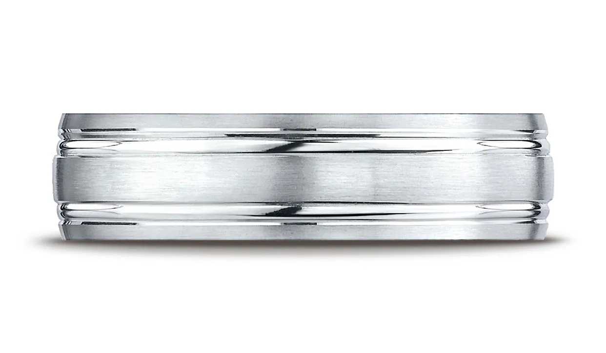 Benchmark 18K White Gold 6mm Comfort-Fit Satin-Finished with Parallel Grooves Carved Design Wedding Band