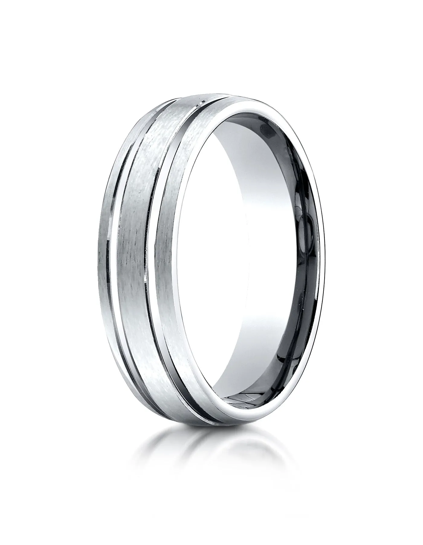 Benchmark 18K White Gold 6mm Comfort-Fit Satin-Finished with Parallel Grooves Carved Design Wedding Band