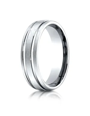 Benchmark 18K White Gold 6mm Comfort-Fit Satin-Finished with Parallel Grooves Carved Design Wedding Band