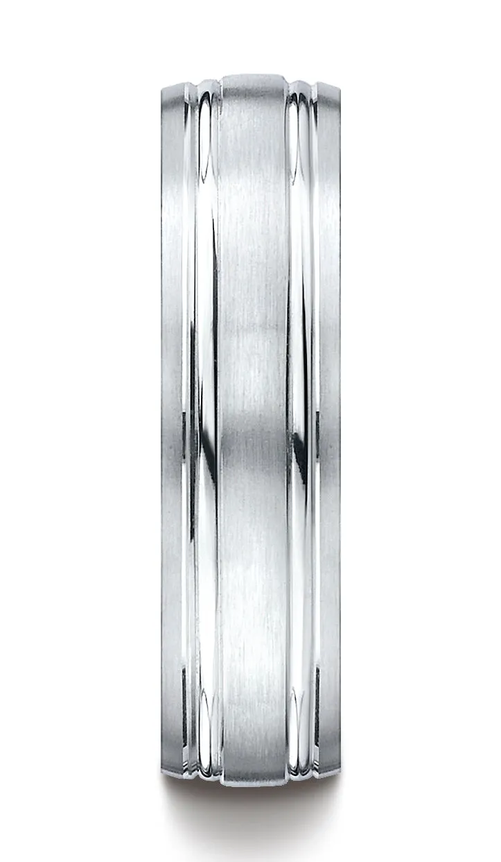 Benchmark 18K White Gold 6mm Comfort-Fit Satin-Finished with Parallel Grooves Carved Design Wedding Band