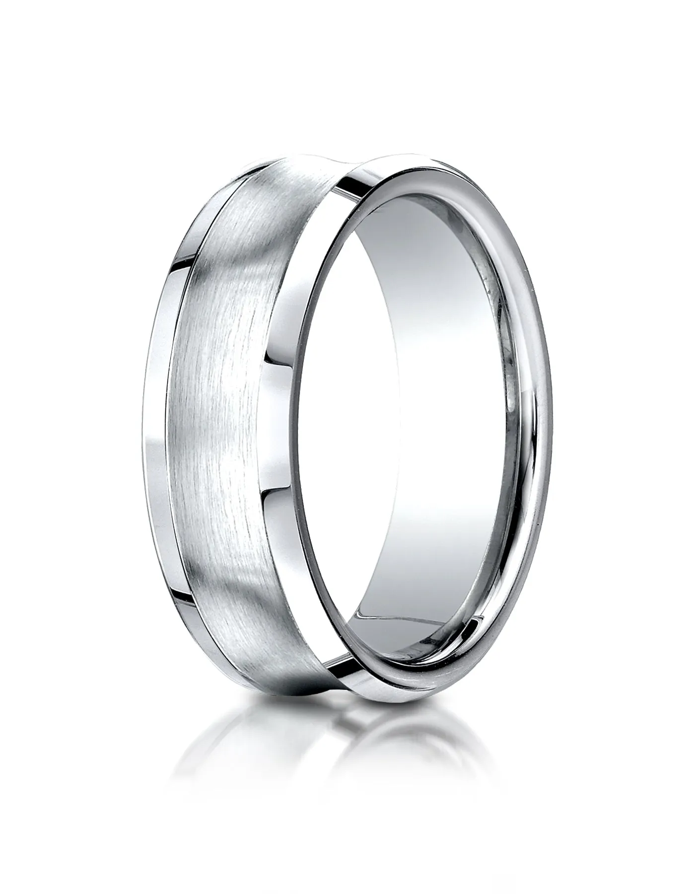 Benchmark 18K White Gold 7.5mm Comfort-Fit Satin-Finished Concave Beveled Edge Design Wedding Band Ring