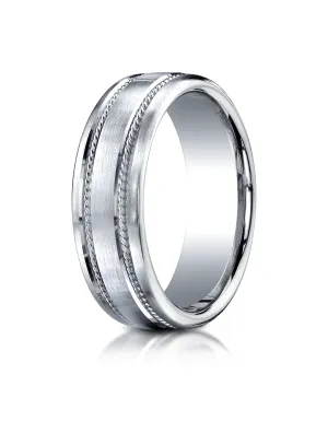 Benchmark 18k White Gold 7.5mm Comfort-Fit Satin-Finished Rope Carved Design Wedding Band Ring