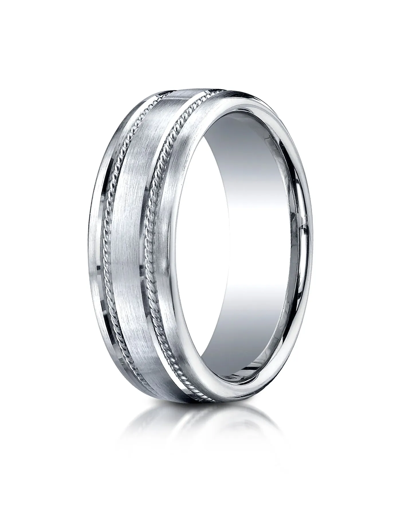 Benchmark 18k White Gold 7.5mm Comfort-Fit Satin-Finished Rope Carved Design Wedding Band Ring