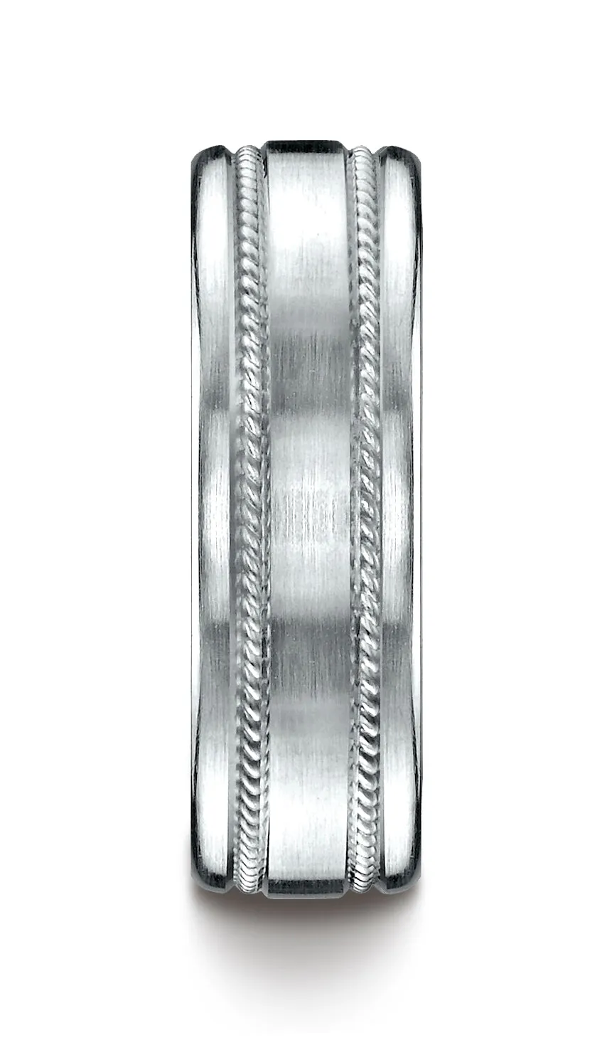Benchmark 18k White Gold 7.5mm Comfort-Fit Satin-Finished Rope Carved Design Wedding Band Ring