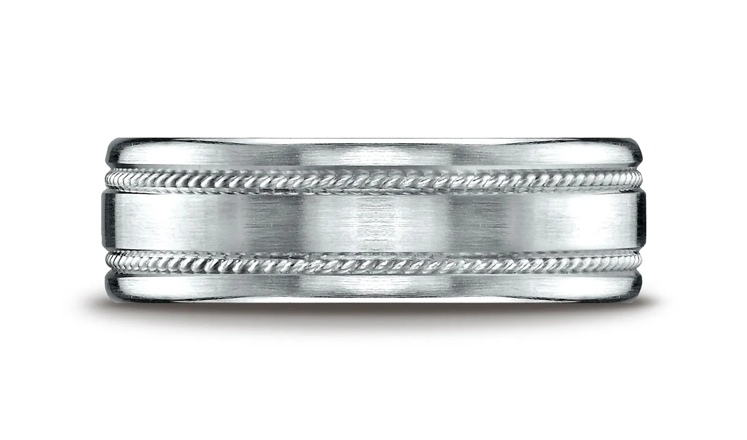 Benchmark 18k White Gold 7.5mm Comfort-Fit Satin-Finished Rope Carved Design Wedding Band Ring