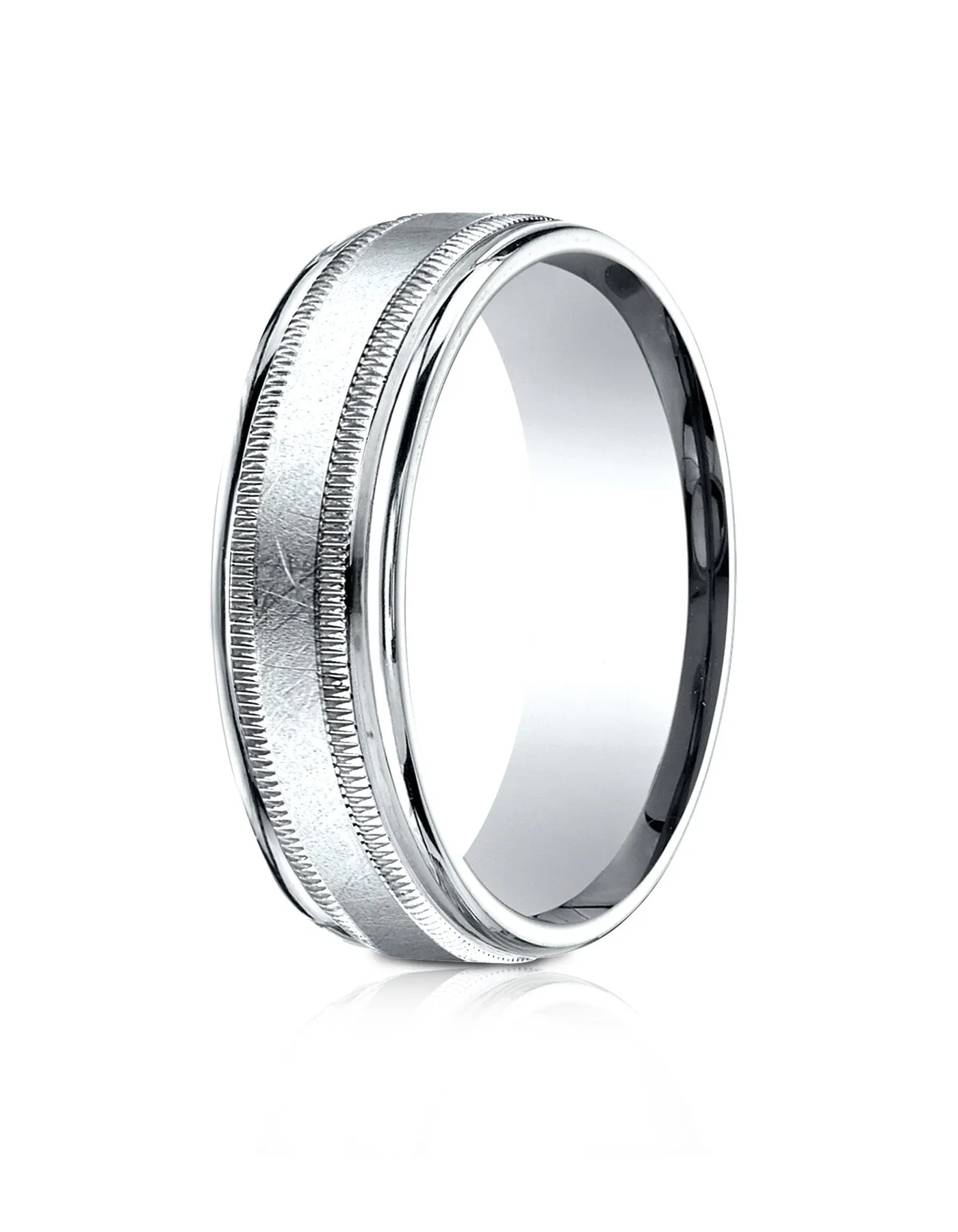 Benchmark 18k White Gold 7mm Comfort-Fit Swirl Finish Center Milgrain Round Edge Carved Design Band (4-15)