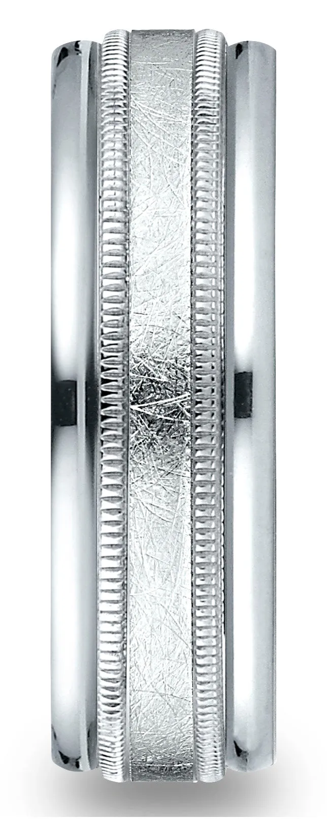 Benchmark 18k White Gold 7mm Comfort-Fit Swirl Finish Center Milgrain Round Edge Carved Design Band (4-15)