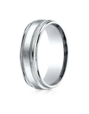 Benchmark 18k White Gold 7mm Comfort-Fit Swirl Finish Center Milgrain Round Edge Carved Design Band (4-15)