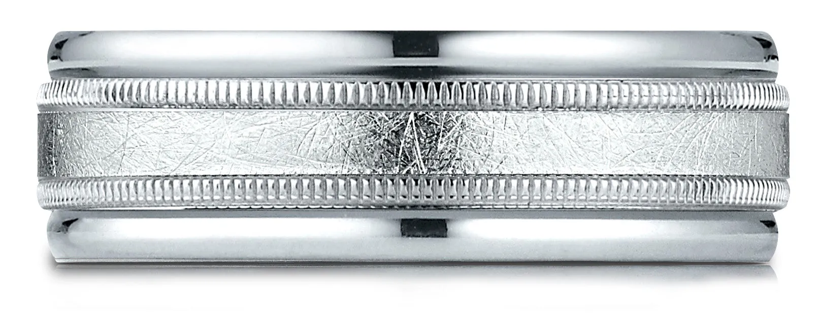 Benchmark 18k White Gold 7mm Comfort-Fit Swirl Finish Center Milgrain Round Edge Carved Design Band (4-15)