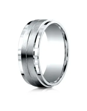 Benchmark 18k White Gold 8mm Comfort-Fit Drop Bevel Satin Center Design Band, (Sizes 4-15)