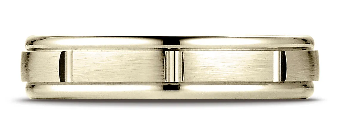 Benchmark 18K Yellow Gold 4mm Comfort-Fit Satin-Finish 8 Center Cuts and Round Edge Carved Design Ring