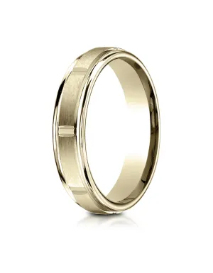 Benchmark 18K Yellow Gold 4mm Comfort-Fit Satin-Finish 8 Center Cuts and Round Edge Carved Design Ring