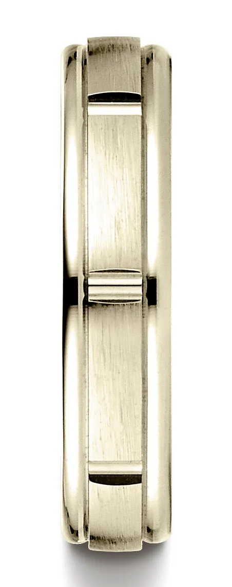 Benchmark 18K Yellow Gold 4mm Comfort-Fit Satin-Finish 8 Center Cuts and Round Edge Carved Design Ring