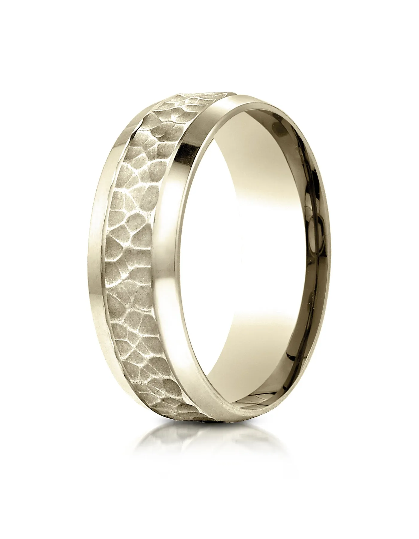 Benchmark 18K Yellow Gold 7.5mm Comfort-Fit Hammered Finish Beveled Edge Design Wedding Band Ring