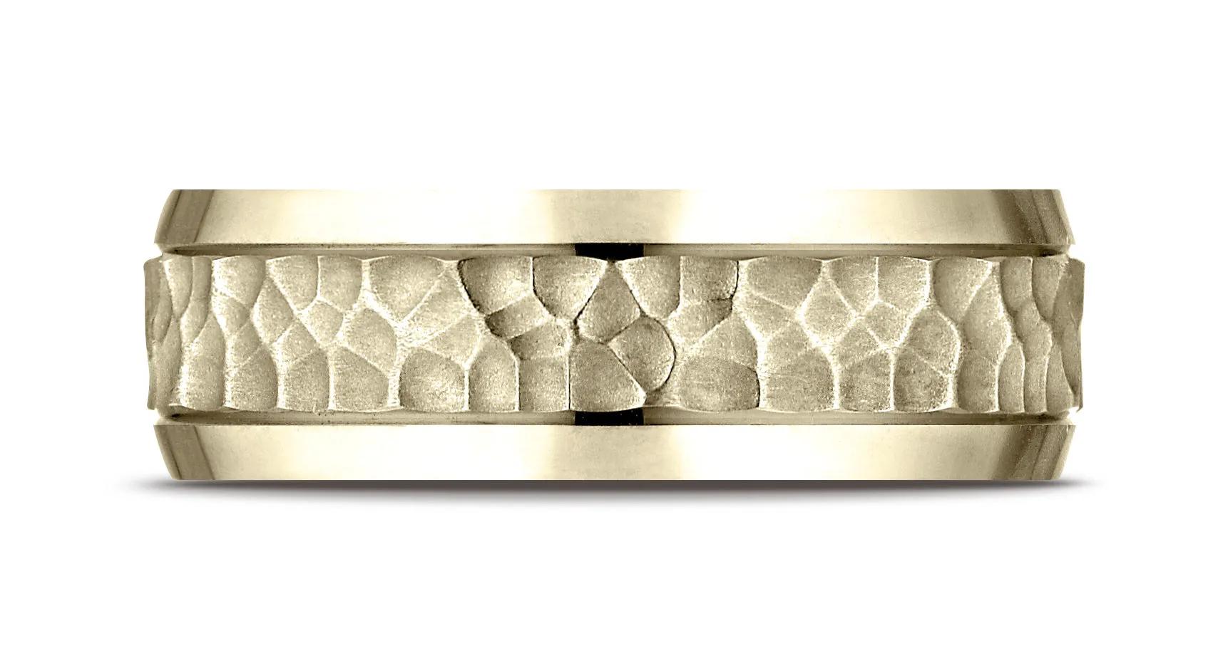 Benchmark 18K Yellow Gold 7.5mm Comfort-Fit Hammered Finish Beveled Edge Design Wedding Band Ring